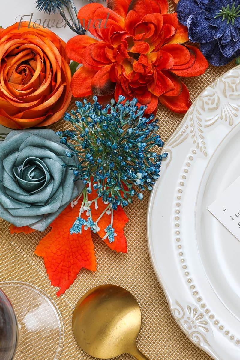 Floweroyal Artificial Flowers Combo Orange Flowers Mix Silk Flowers Dahlia Roses with Stems for DIY Wedding Bridal Bouquets, Baby Shower, Floral Arrangement, Table Centerpieces, Home Decorations.