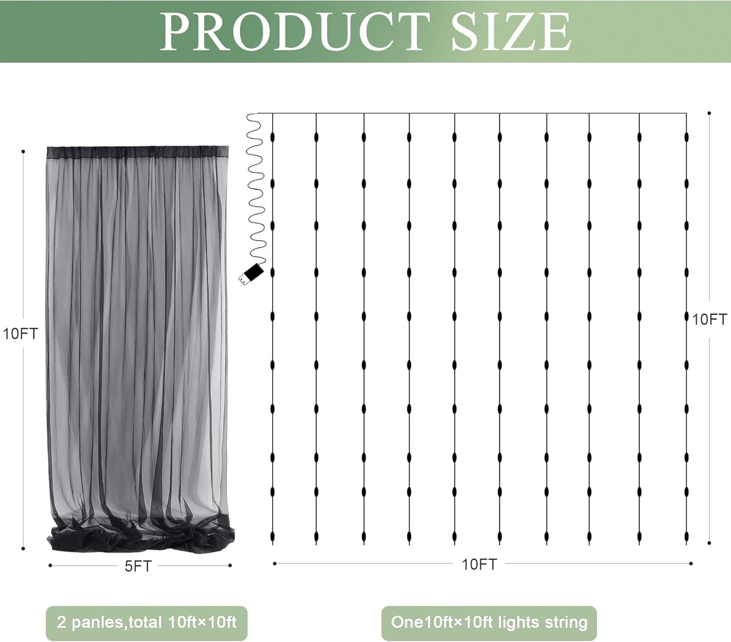 Tulle Backdrop Curtain with Lights String 10FT X 10FT Black Sheer Tulle Backdrop Curtains for Wedding Birthday Party Reception Photo Booth Background Decorations (2 Panels 5x10FT)