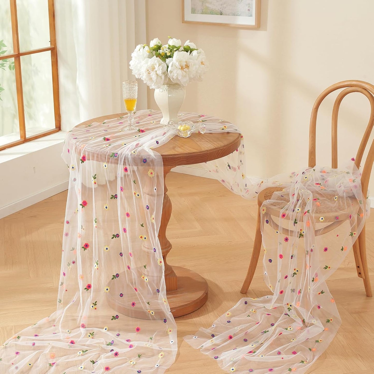 Champagne Embroidery Daisy Fall Table Runner 120Inch 10FT Florals Soft Sheer Tulle Fabric Table Runner for Home Decor, Brithday, Wedding, Baby Shower ,Holiday ,Parties, DIY Craft,1PC