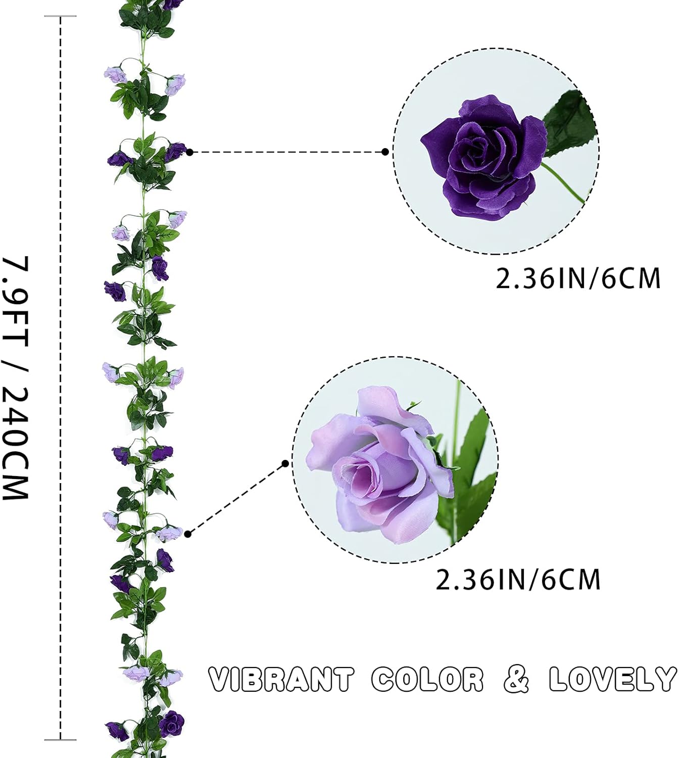 Floweroyal 2 Pack Artificial Flower Garlands 15.8FT Fake Rose Vines Silk Flowers Hanging Rose Ivy for Wedding Arch Party Home Garden Wall Decor (Purple)