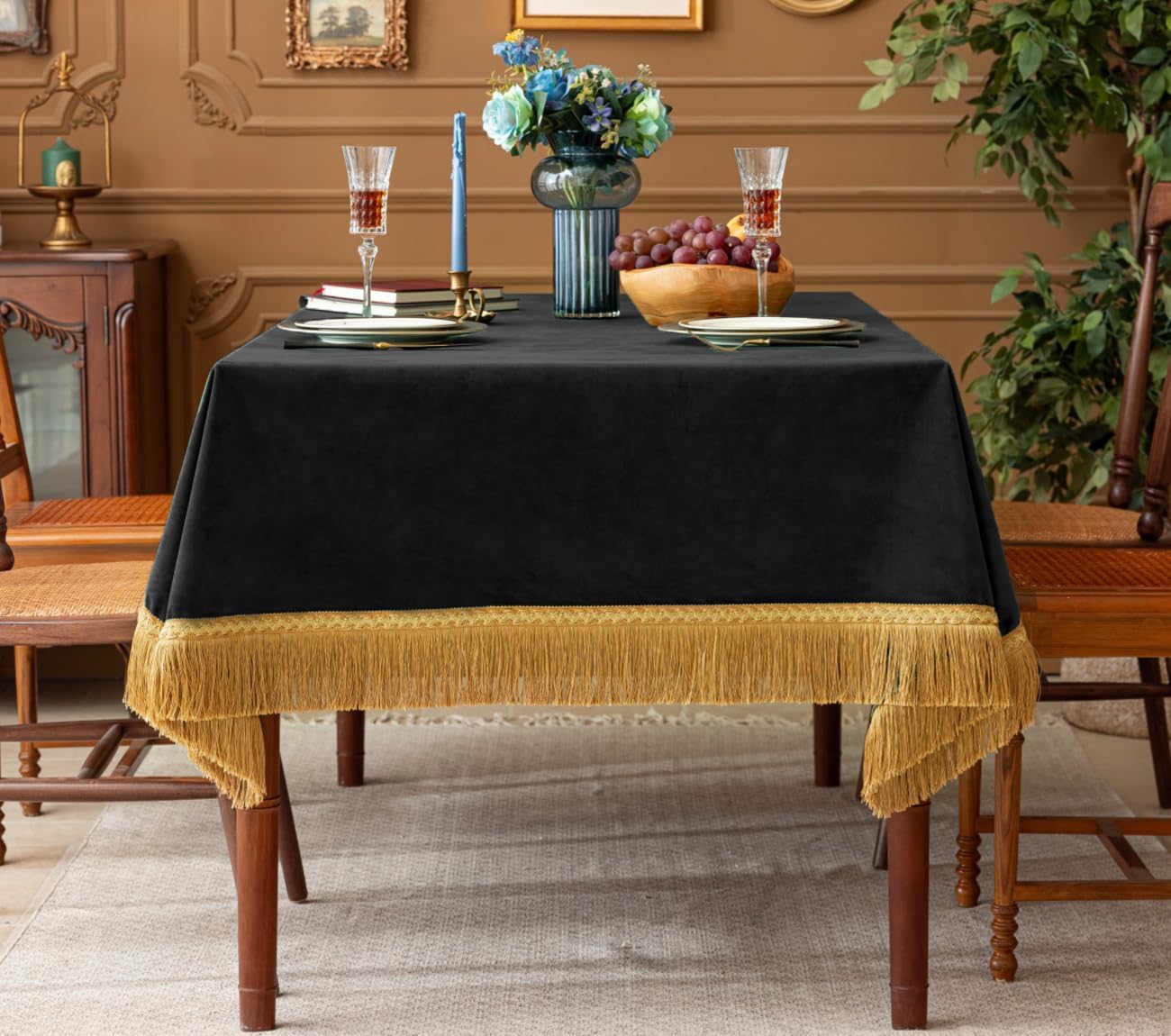 F-CHU Luxury Black Tablecloth Thickset Velvet Tablecloth with Beautiful Gold Tassels Table Cloth for Home Decor Wedding, Party, Banquet and Events 60x102-Inch