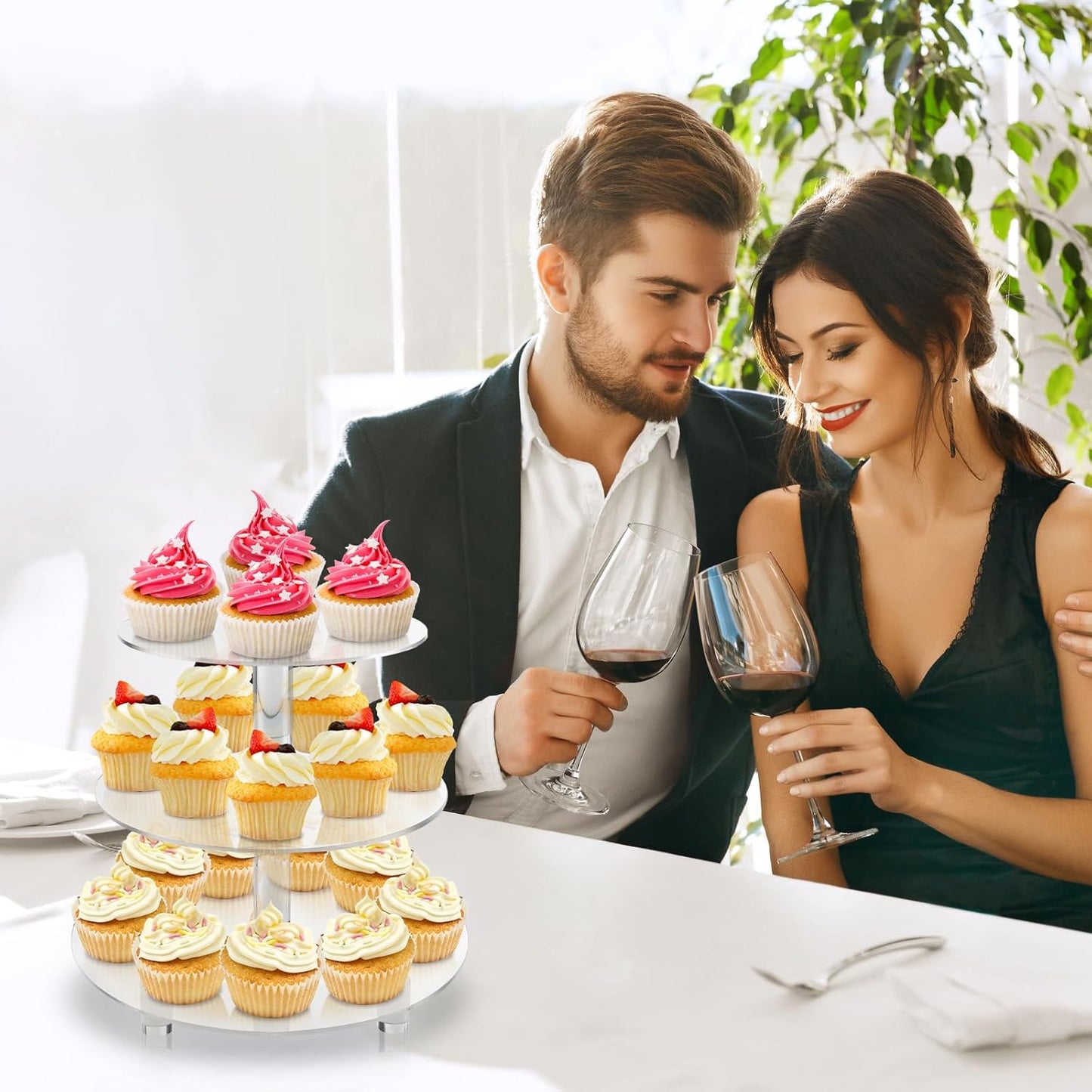 3 Tiers Round Cupcake Stand, Acrylic Cake Tower Stand Holder Macaron Display Rack Cookie Candy Buffet Desserts Platter with Base for Baby Shower, Birthday Party, Wedding, Party (3-Tiers with Base)