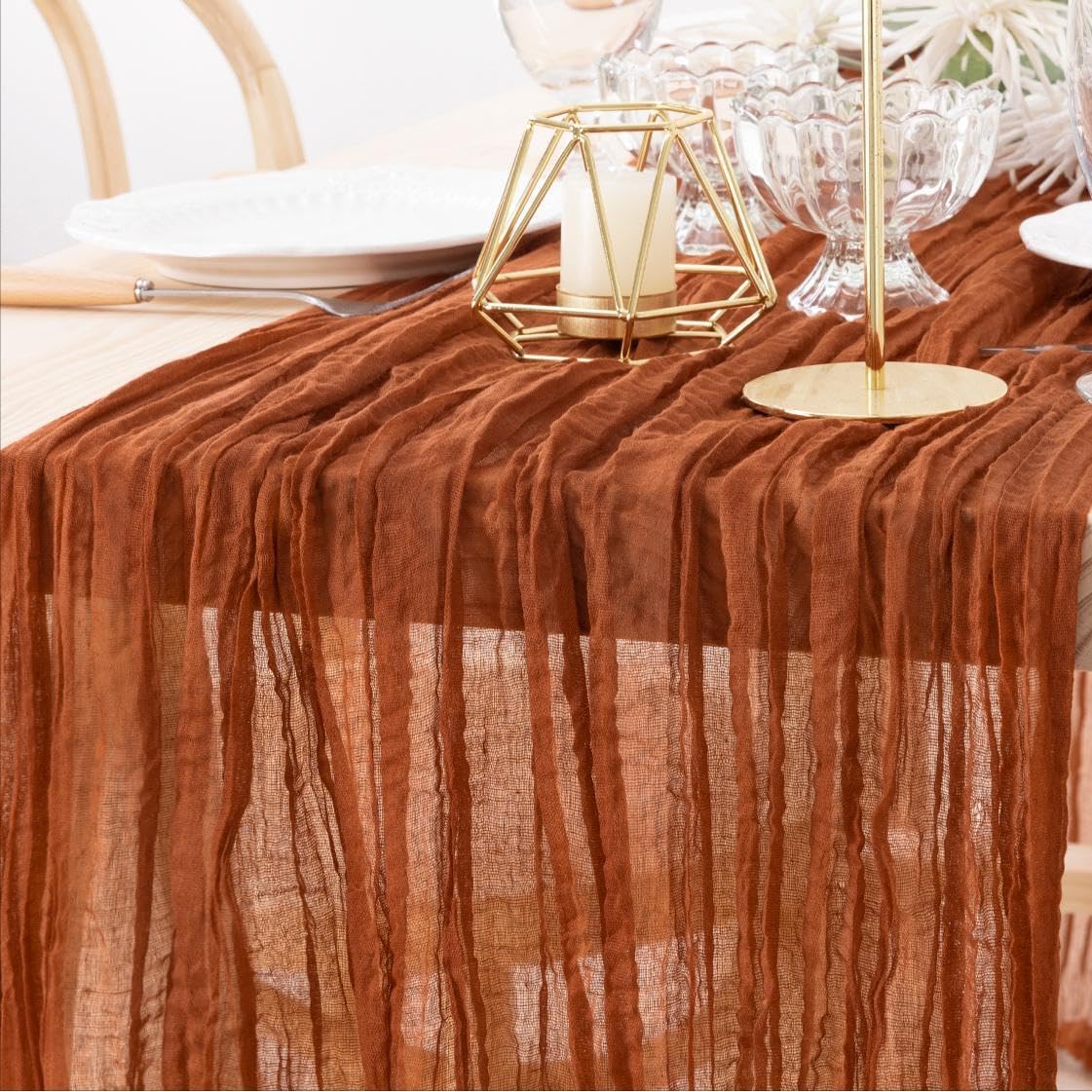 MLMW 3 Pack Fall Thanksgiving Table Runner Cheesecloth Autumn Harvest Rust Terracotta Cheese Cloth Boho Gauze 160 inch Table Runner 13.3ft for Wedding Party Baby Bridal Shower Birthday