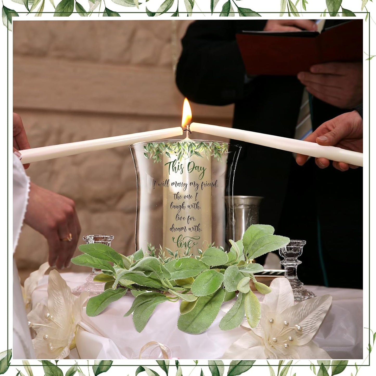 Irenare Unity Candles with Holder for Wedding Ceremony Wedding Decortions Accessories Glass Candle Holder Pillar Candle for Formal Events Church(Green Leaf)