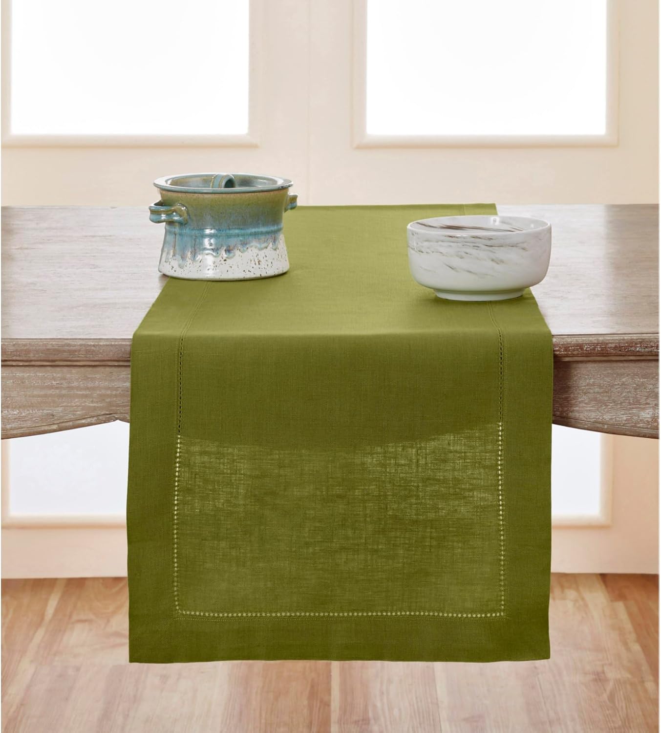 Solino Home Linen Hemstitch Table Runner 108 Inches Long - 100% Pure Linen Avocado Green Table Runner 14 x 108 Inch for Fall, Autumn, Thanksgiving - Classic Hemstitch