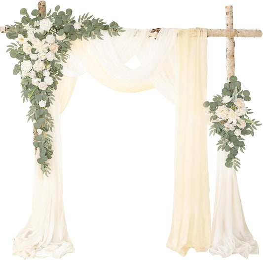 Deluxe White Artificial Wedding Arch Flowers with Drapes Kit-Pack of 5, 2pcs Flower Arrangements 3pcs Hanging Sheer Drapes White Ceremony Arbor Reception Backdrop Rose Floral Decorations.