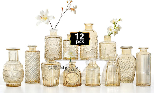 Mini Bud Vases As Wedding Centerpieces for Tables,Clear Bud Vases for Flowers,Small Flower Vases Suitable for Birthday Party,Anniversary,Wedding Reception,Baby Shower (Gold, 12PCS)
