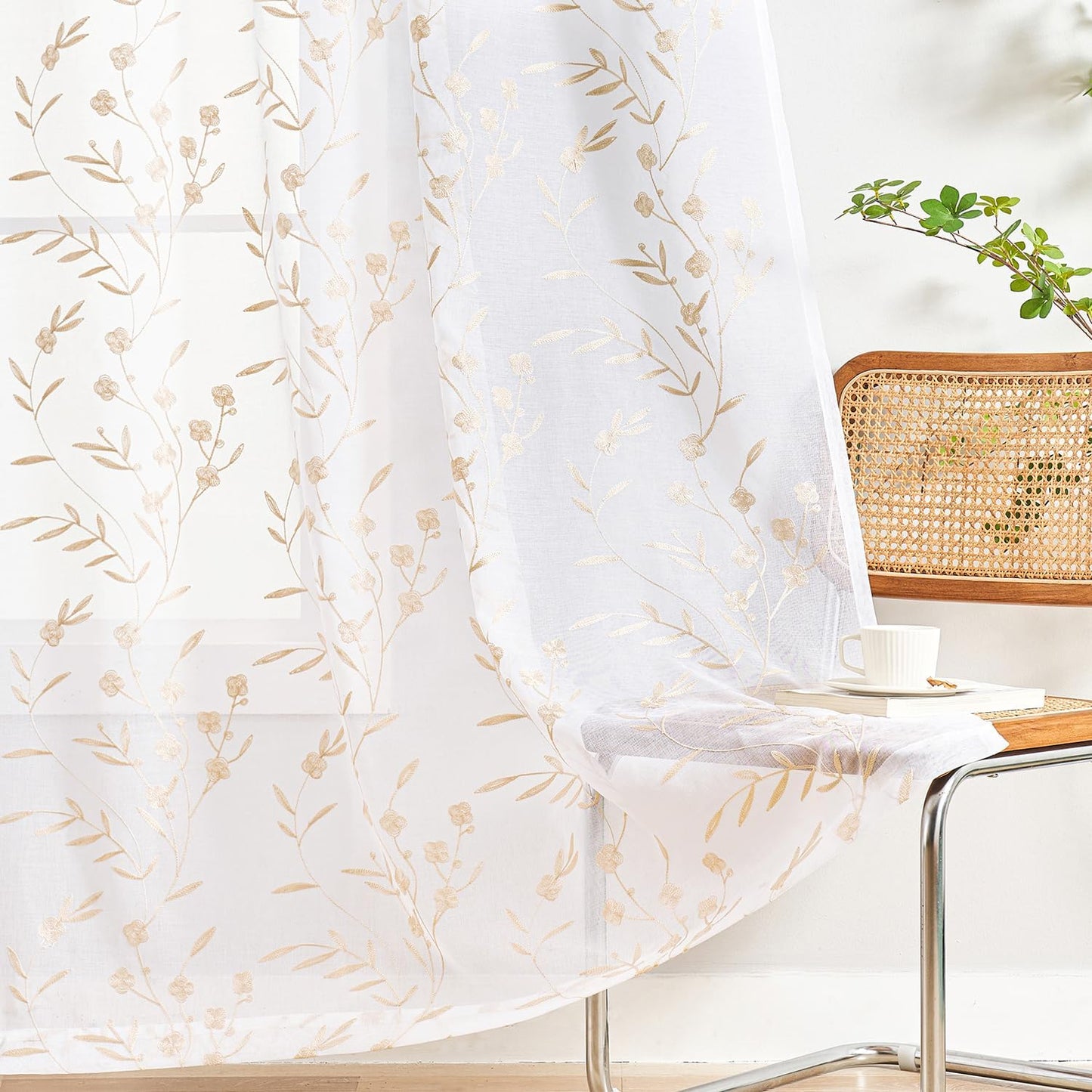 Sheer Curtains 45 Inches White-Beige Floral Embroidery Rod Pocket Voile Drapes for Living room, Bedroom, Window Treatments Lace Outdoor Curtain Panels for Yard, Kitchen, Villa, Set of 2, 52"x 45".