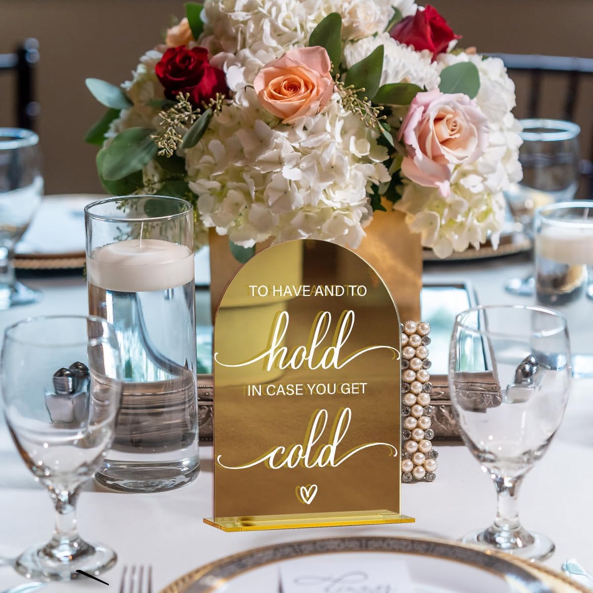 Acrylic Wedding Sign, Bridal Shower Decorations, To Have And To Hold Sign for Ceremony, Modern Font Table Signs, Gold Mirror Arched Acrylic Tabletop Signs for Wedding Reception and Event Party
