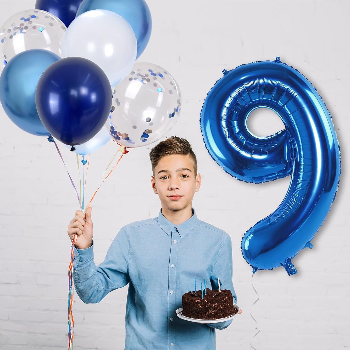 Navy Blue 9 Balloons, 40 Inch Dark Blue Foil Number 9 Balloon Set, XXL Self Inflating 9 Helium Balloon with Metallic Blue Silver Confetti Balloon for Boys 9th Birthday Anniversary Party Decorations