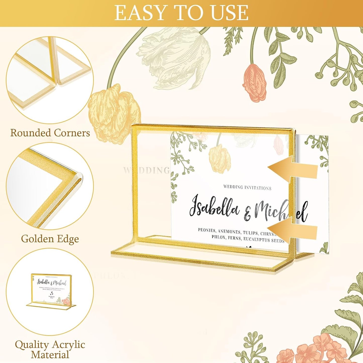 Hoteam 24 Pack 7 x 5 Clear Acrylic Sign Holder with Gold Borders, Gold Picture Frame, Double Sided Wedding Table Number, Acrylic Menu Stands for Wedding Table, Restaurant Sign, Photos Display