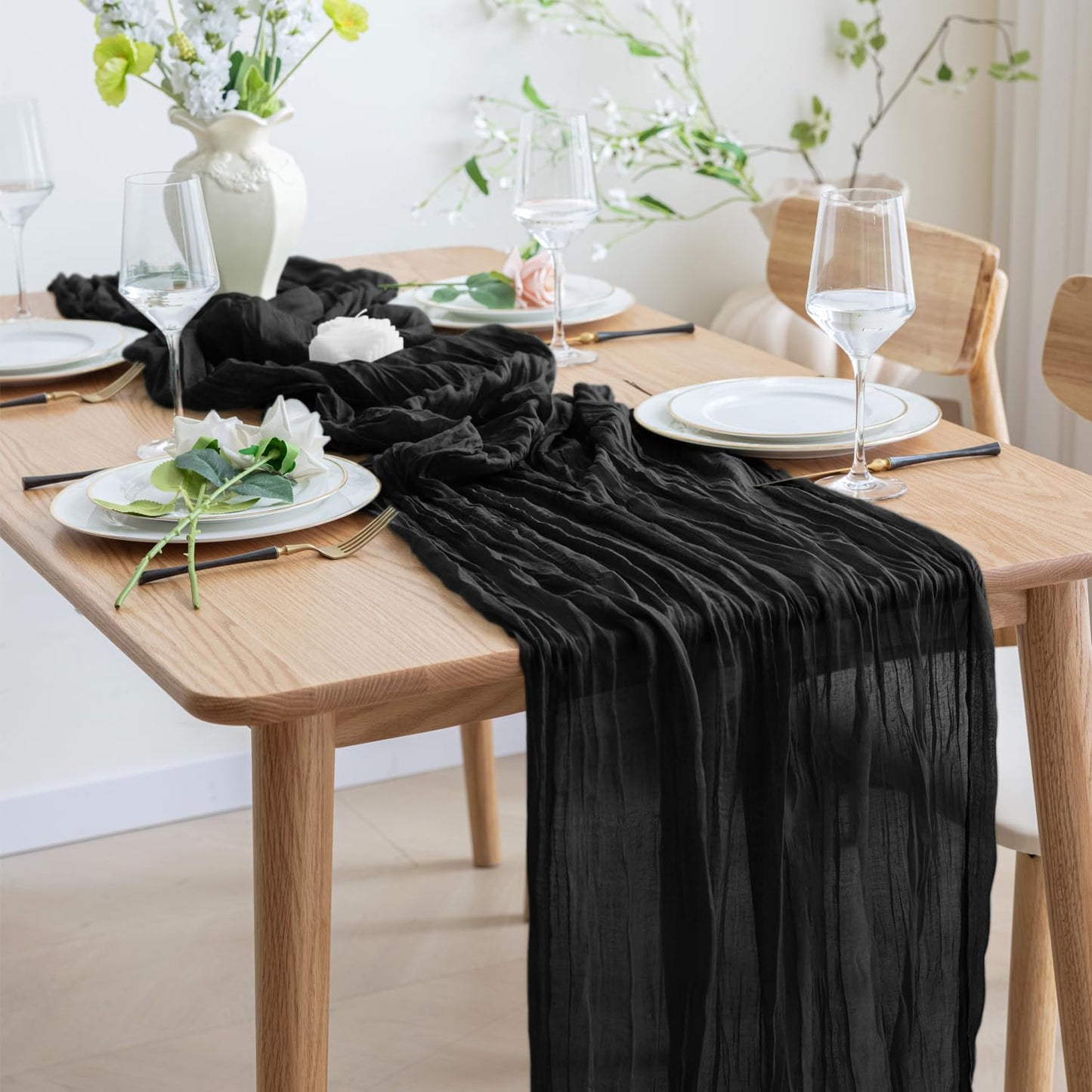 Asee'm 12pcs Cheesecloth Table Runner 120 Inches Long Black Boho Gauze Cheese Cloth Runner 10FT Rustic Sheer Table Runners for Christmas Wedding Party Baby Shower Spring Easter Decoration