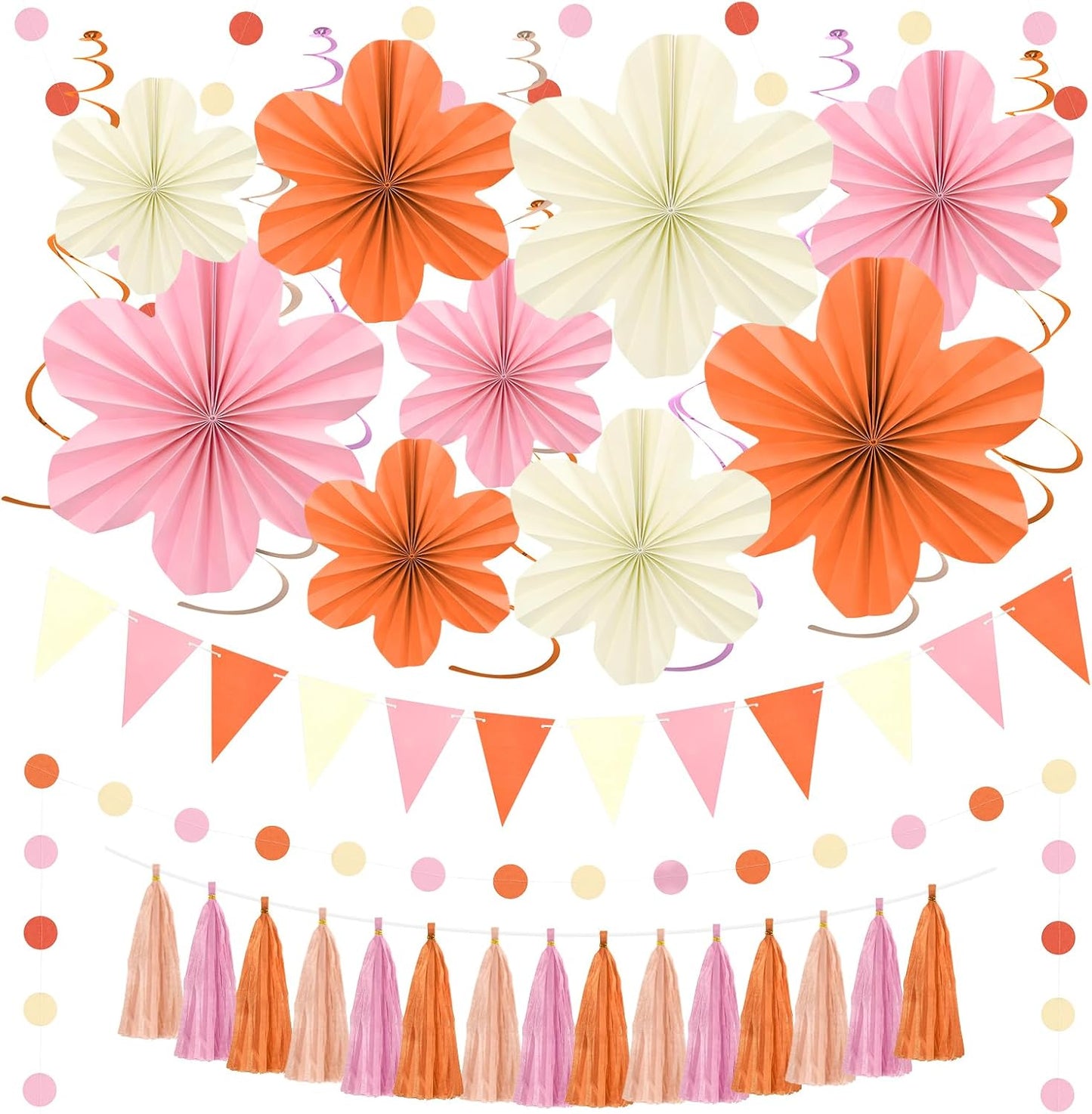 Pink and Orange Party Decorations - Orange Birthday Decoration for Women Girls with Hanging Paper Flowers, Tassel Garland and Swirls, Baby Showers Bachelorette Party Supplies Classroom Decor