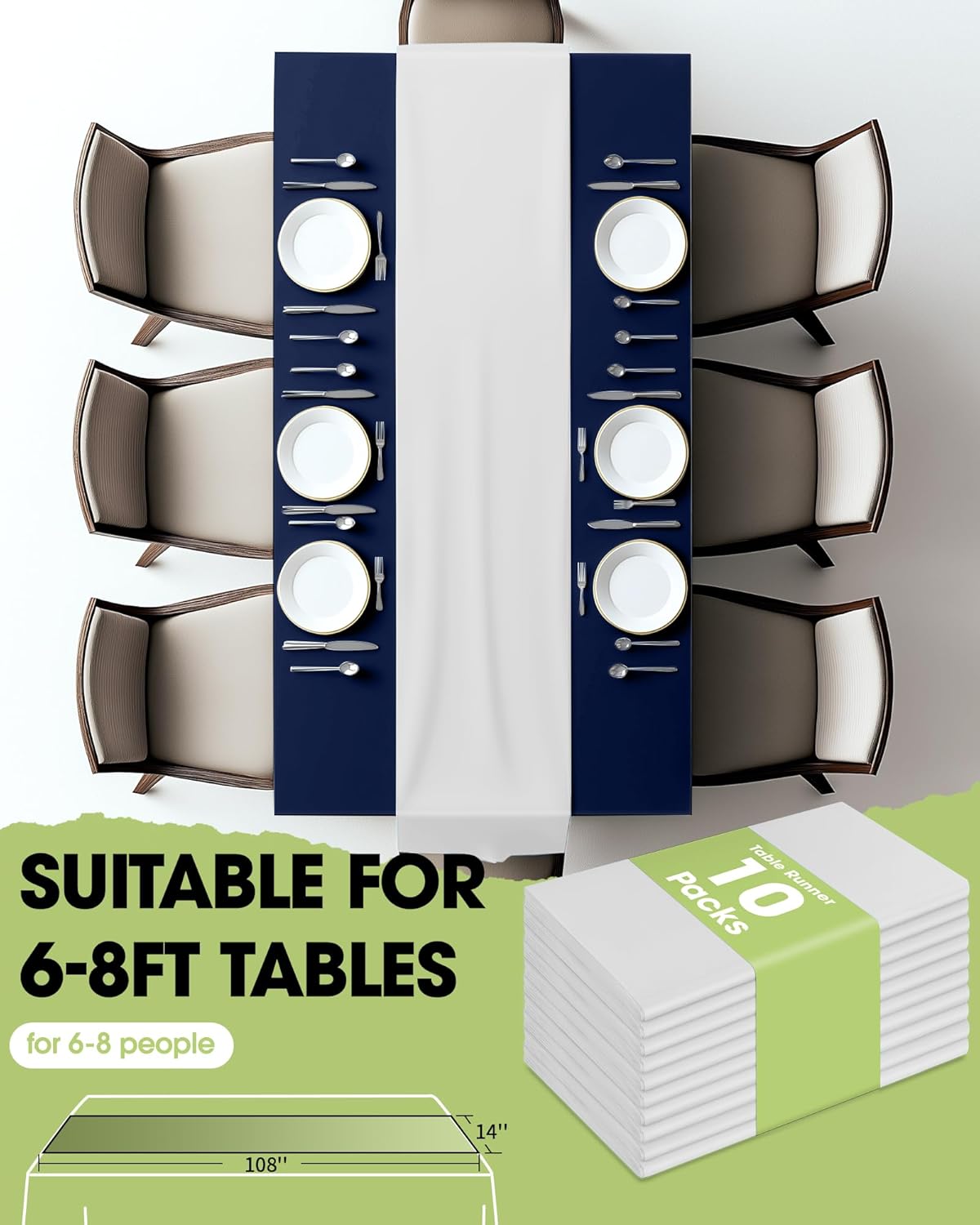 Pureegg White Plastic Table Runners - 10 Pack, 14'' x 108'', Water Resistant & Disposable Centerpiece Decorations for Table Cloth, Wedding, Birthday, Holiday, Baby Shower, Party, Home Decor