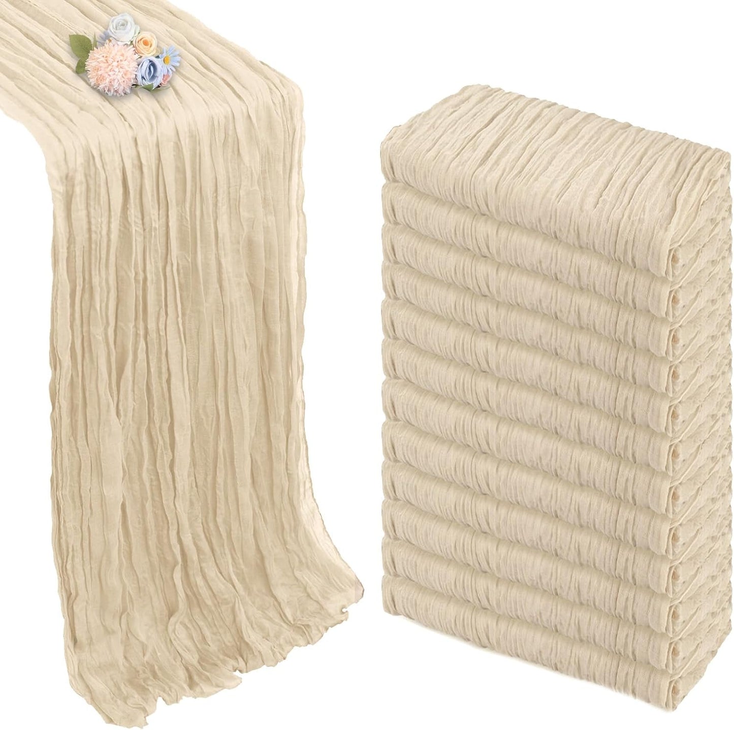 12 Pack Beige Cheesecloth Fall Table Runner 10ft Boho Gauze Fabric Cheese Cloth Table Runner 35 x 120 Inch Rustic Sheer Runner for Thanksgiving Wedding Decor Baby Shower Party Centerpiece Decoration