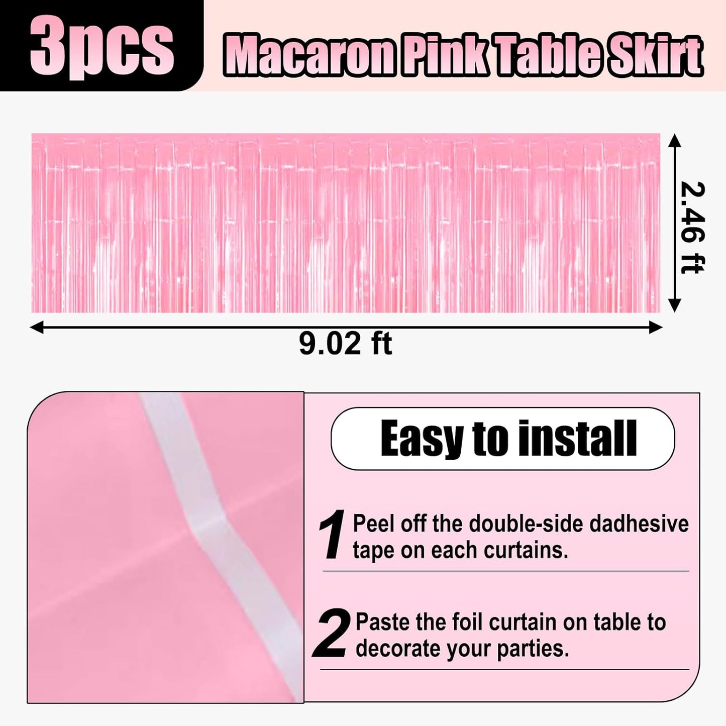 3 Pack 29x108 Inch Macaron Pink Foil Fringe Table Skirts Metallic Banner for Tinsel Streamer Garland Backdrop for Parade Floats Wedding Thanksgiving Birthday Christmas Halloween Party Decoration