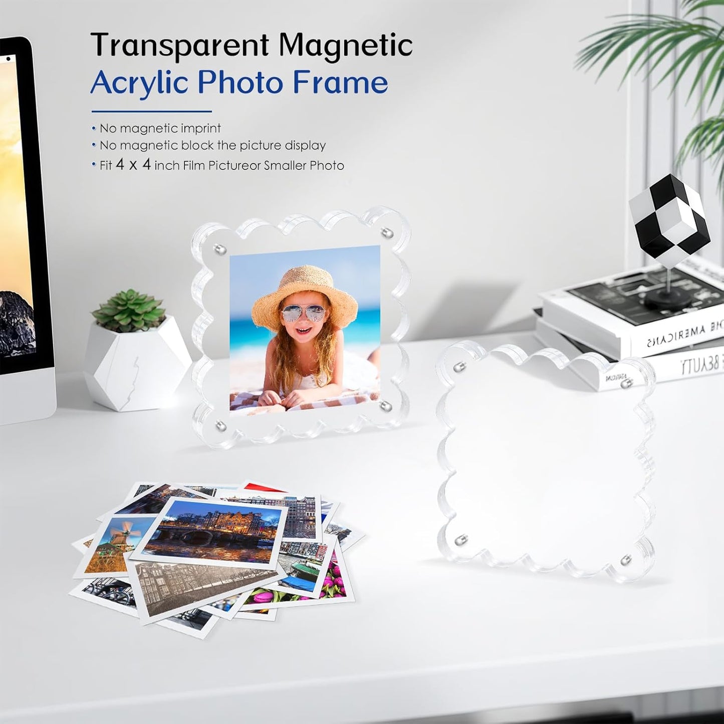 Acrylic Magnetic Picture Frames 4x4-2Pack Clear Freestanding Photo Frame.Double-Sided Scalloped Edges, 10+10mm Thick Block, for Modern Desktop Display &Perfect for Gifts (2 Pack, 4X4)