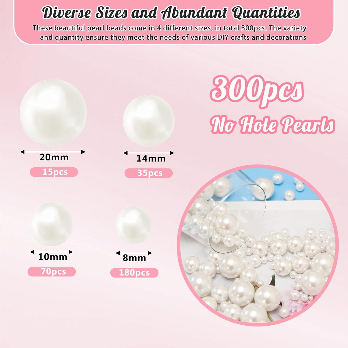 300Pcs Pearl Vase Filler, Ivory No Hole Faux Pearl Beads for Centerpieces Vases, Candle Centerpieces, Wedding Birthday Party Home Decor 8/10/14/20mm
