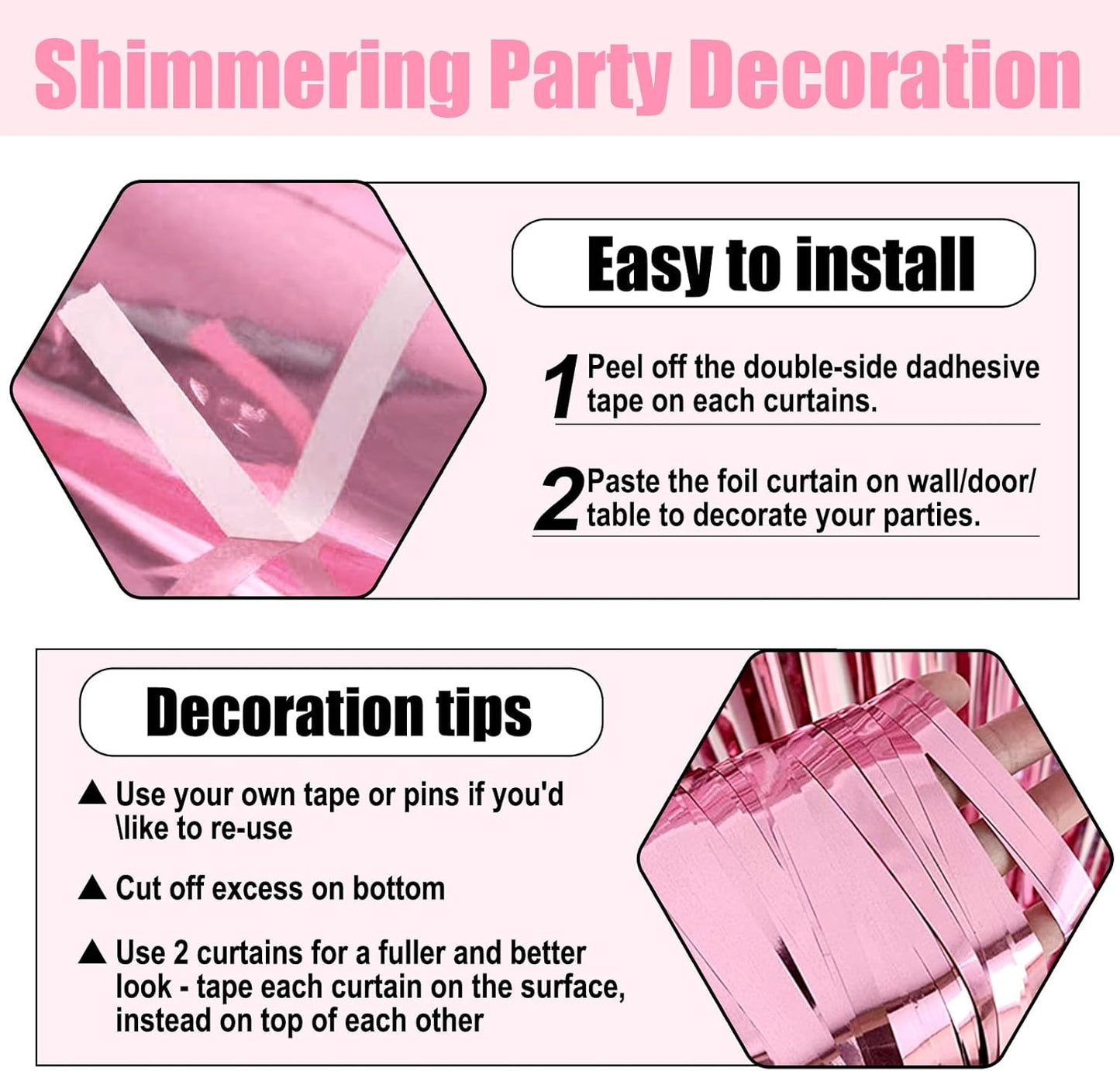 3 Pack Pink Foil Fringe Curtain Backdrop, 3.28Ft x 8.2Ft Metallic Tinsel Foil Fringe Streamer Curtains for Photo Booth, Christmas Day, Thanksgiving, Wedding, New Year Party Decorations