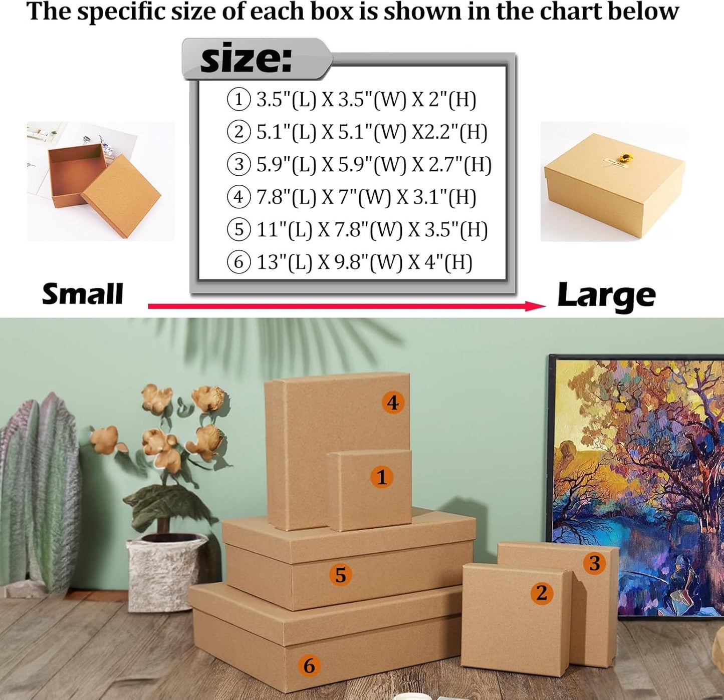 Giftilious Gift Boxes with Lids for Presents, Set of 6 Empty Gift Boxes, Natural and Rustic Kraft Gift Wrap Boxes, Versatile Gift Box for Christmas,Birthday, Anniversaries, Weddings and Any Occasion