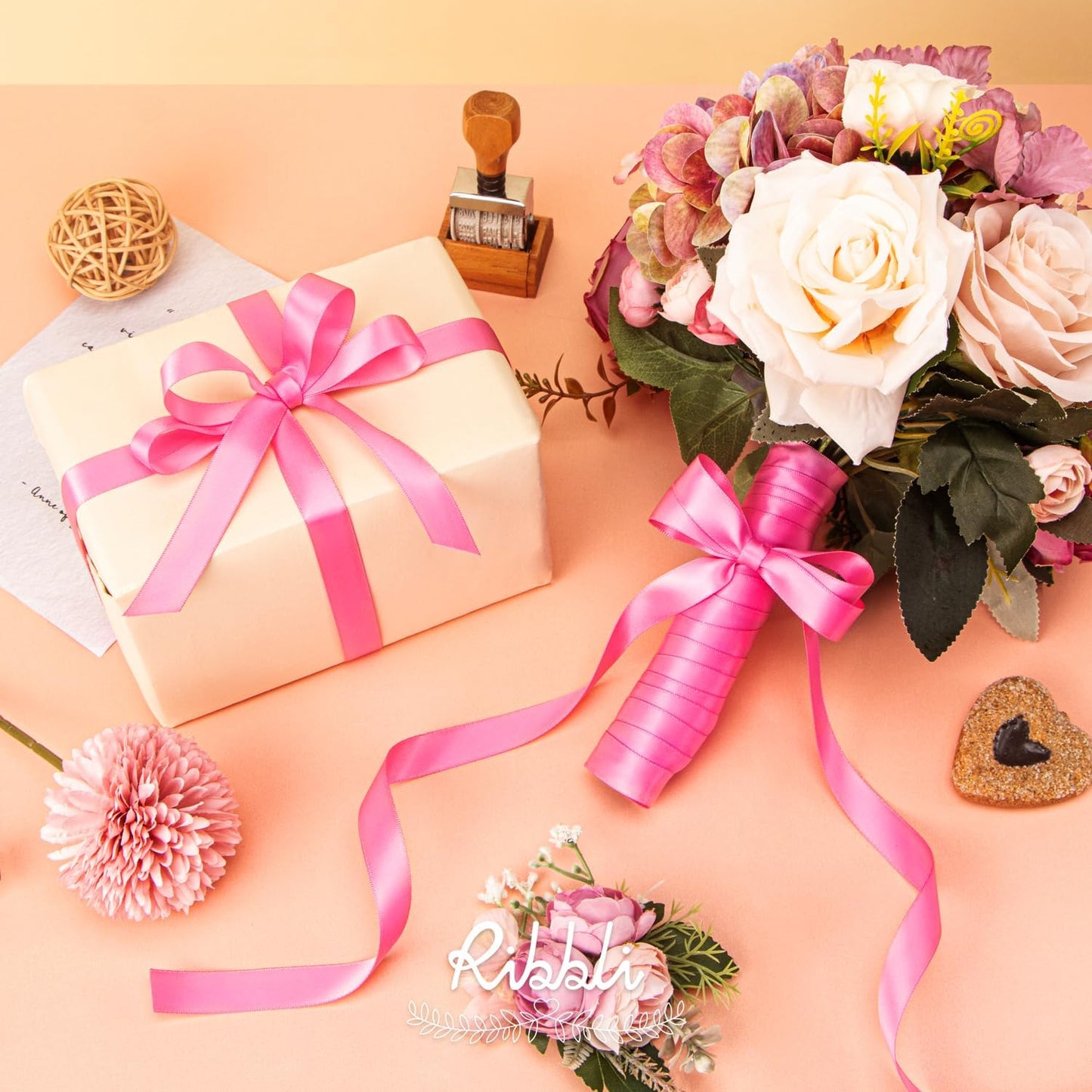 Ribbli Hot Pink Satin Ribbon 5/8 inch x Continuous 25 Yards,Double Faced Satin Use for Craft, Gift Wrapping, Christmas Ornaments, Hair Bows, Bouquet Bows