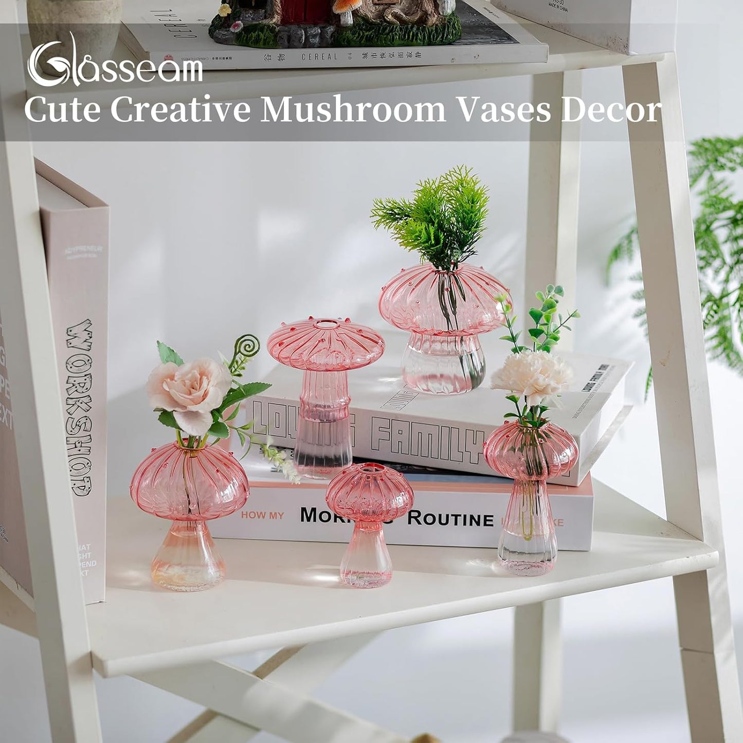 Glasseam Mushroom Plant Propagation Stations: Pink Glass Terrarium Jar Set of 10 Cute Planters for Indoor Plants Mini Propagate Station Unique Christmas Birthday Gifts for Women Home Office Decor