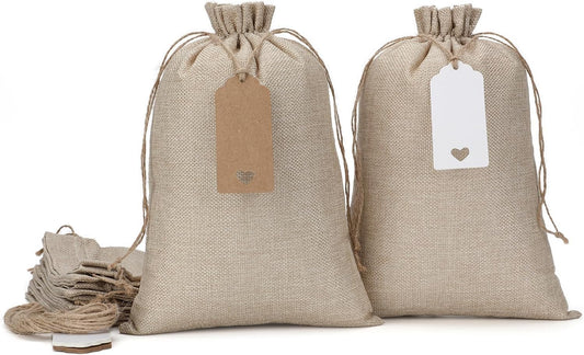 Tapleap Burlap Gift Bags with Drawstring - 10Pcs 8x12 Original Sacks with String and Tags for Wrapping Halloween Favors, Clothes, Toiletries, Breads, Mason Jars, For Birthday, Wedding
