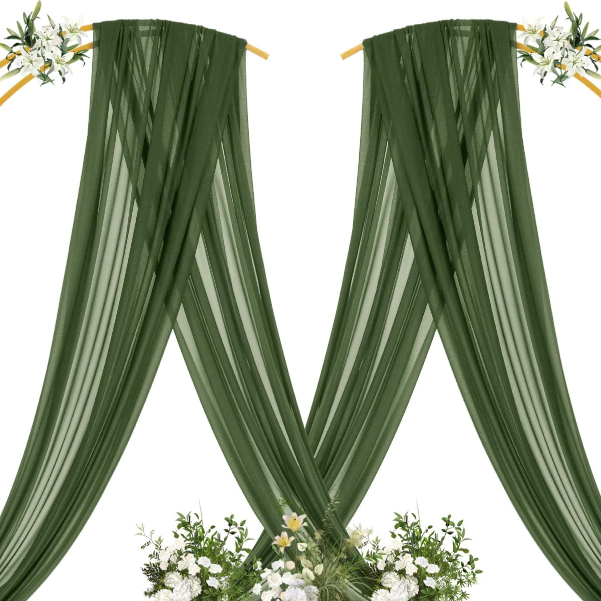 MLMC Olive Green Wedding Arch Draping Fabric 2 Panels 29" x 20 FT Extra Long Gauze Drapes Sheer Backdrop Curtains 6.6 Yards Outdoor Drapery Panels for Wedding Ceremony Party Ceiling Decoration