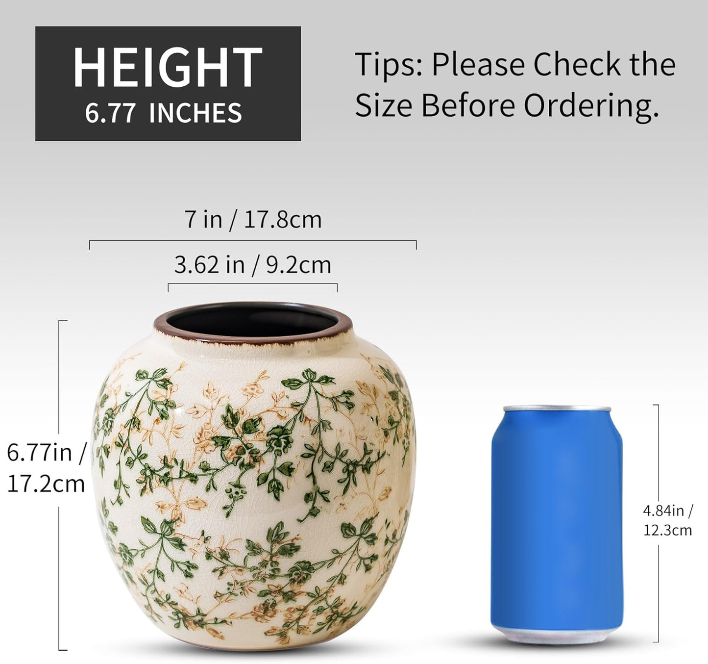 Vintage Green and Beige Round Pastoral Vase, Round Ceramic Floral Vases, Retro Ice Cracked Chinoiserie Vase for Home Decor, Living Room, Bookshelf, Office, Rustic Table Centerpiece 6.7 Inch