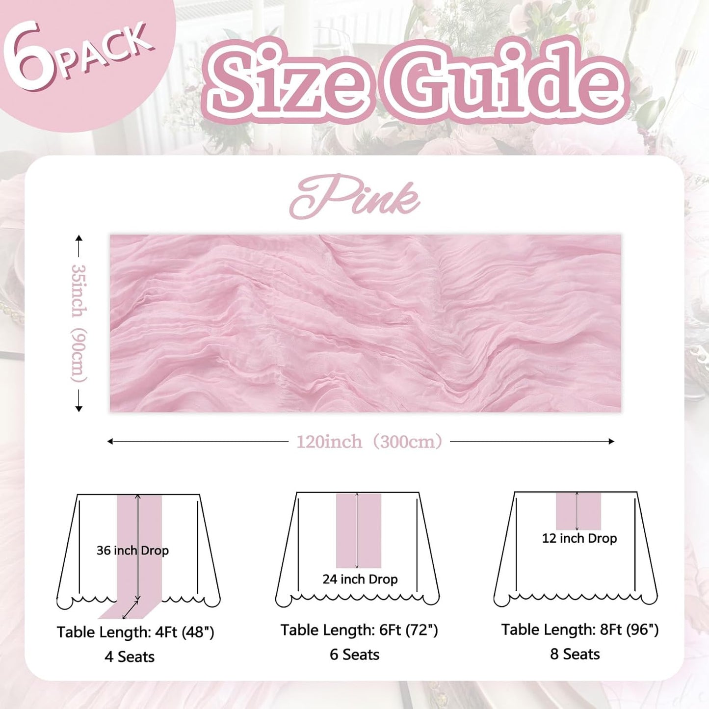 6 Pack Pink Table Runner 10ft Boho Gauze Fabric Cheesecloth Table Runner 35 x 120 Inch Rustic Sheer Runner for Romantic Wedding Centerpiece Decor Baby Shower Party Table Decoration
