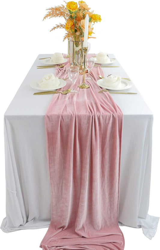 Velvet Table Runner, 10ft Luxurious Wedding Reception Decorations Soft Velvet Fabric Table Linen Overlay for Party (20 x 120 inch, Dusty Rose)