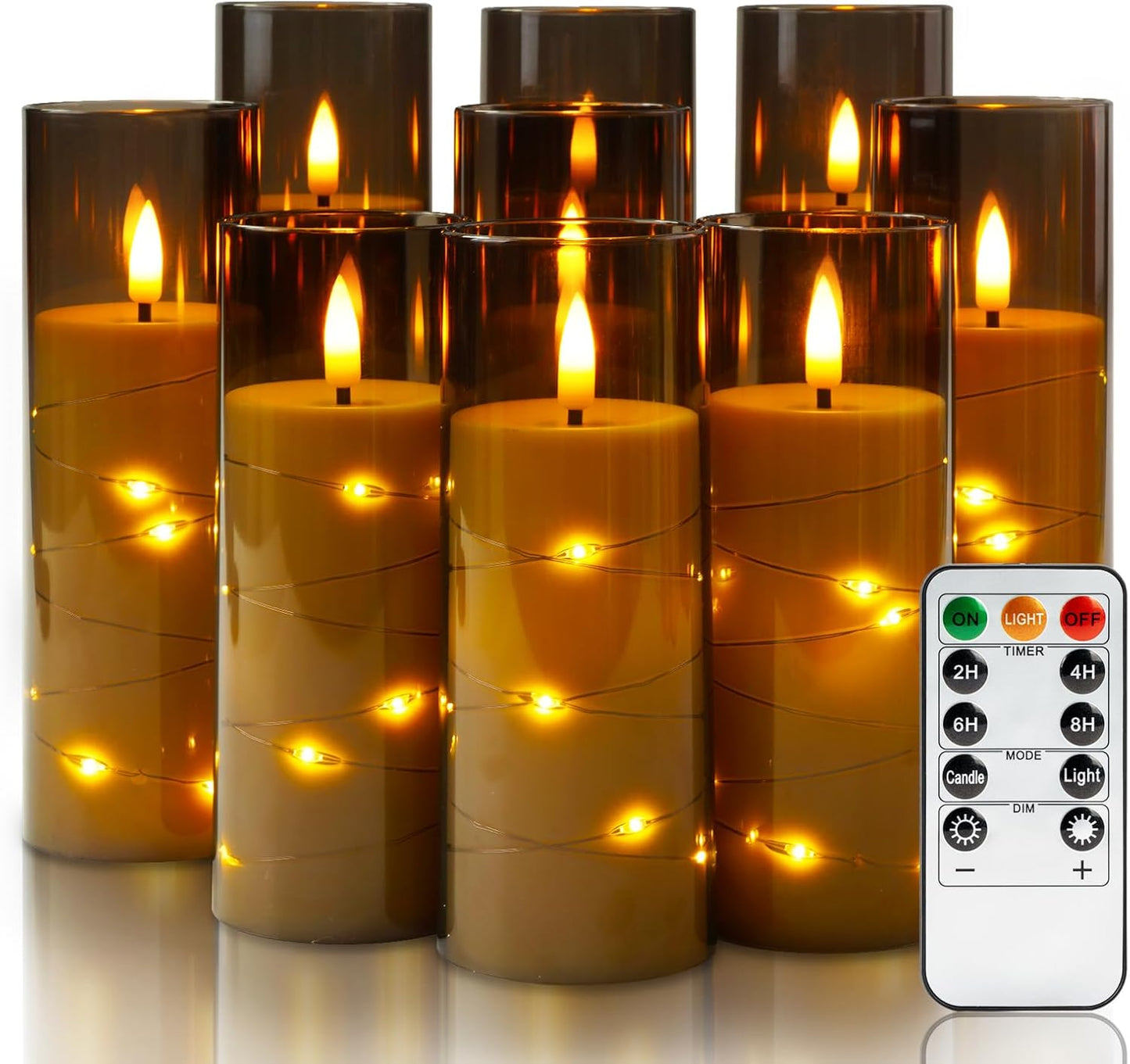 Homemory Flameless Candles with Embedded Star String Fairy Lights, Acrylic Battery Operated Candles with Remote Control and Timer, Flickering LED Candle for Halloween, Grey, Set of 9, D2.2”xH5”6”7”