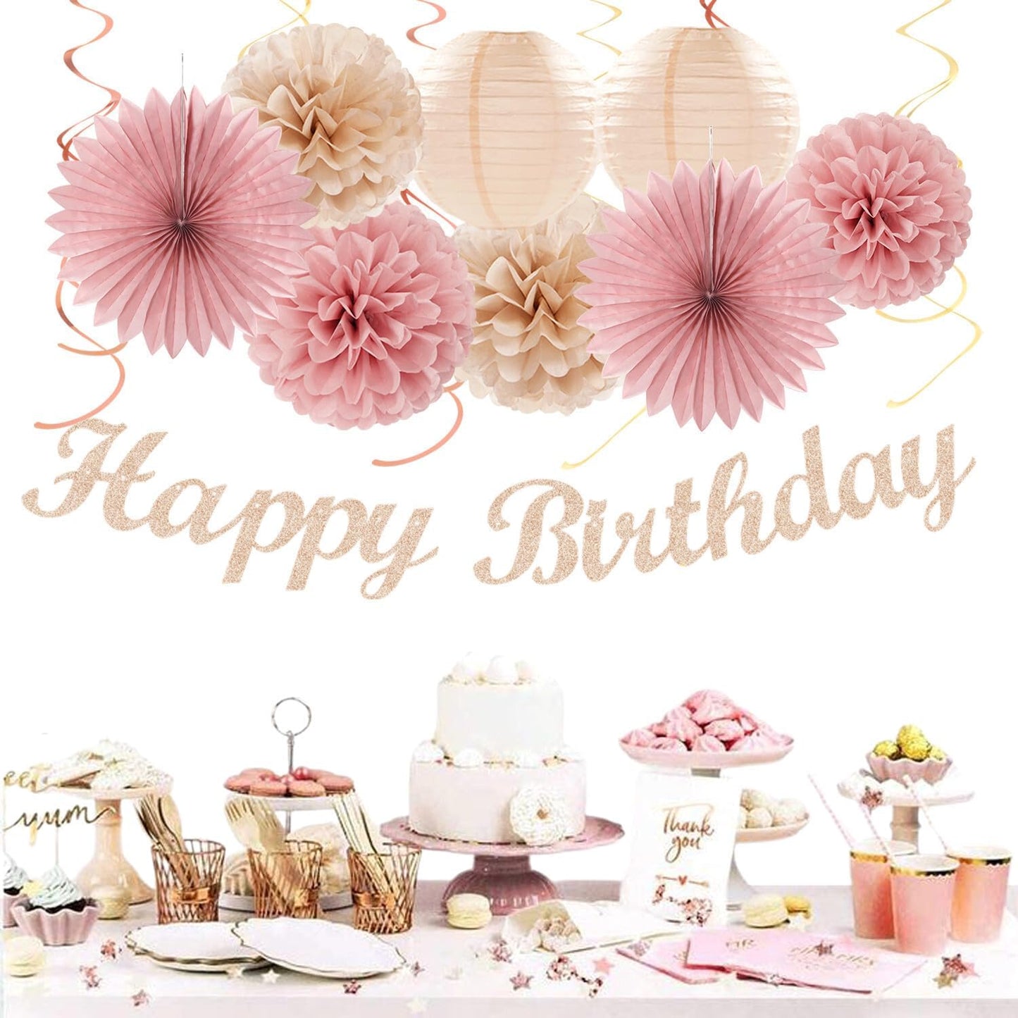 Blush-Pink Champagne Beige Happy-Birthday Party-Decorations - 31pcs 15th Women Girls Paper Lanterns Streamers Banner,Rose Gold Tissue Flowers Pom Poms Fans Tassels Graland Decor Supplies Hugmoon