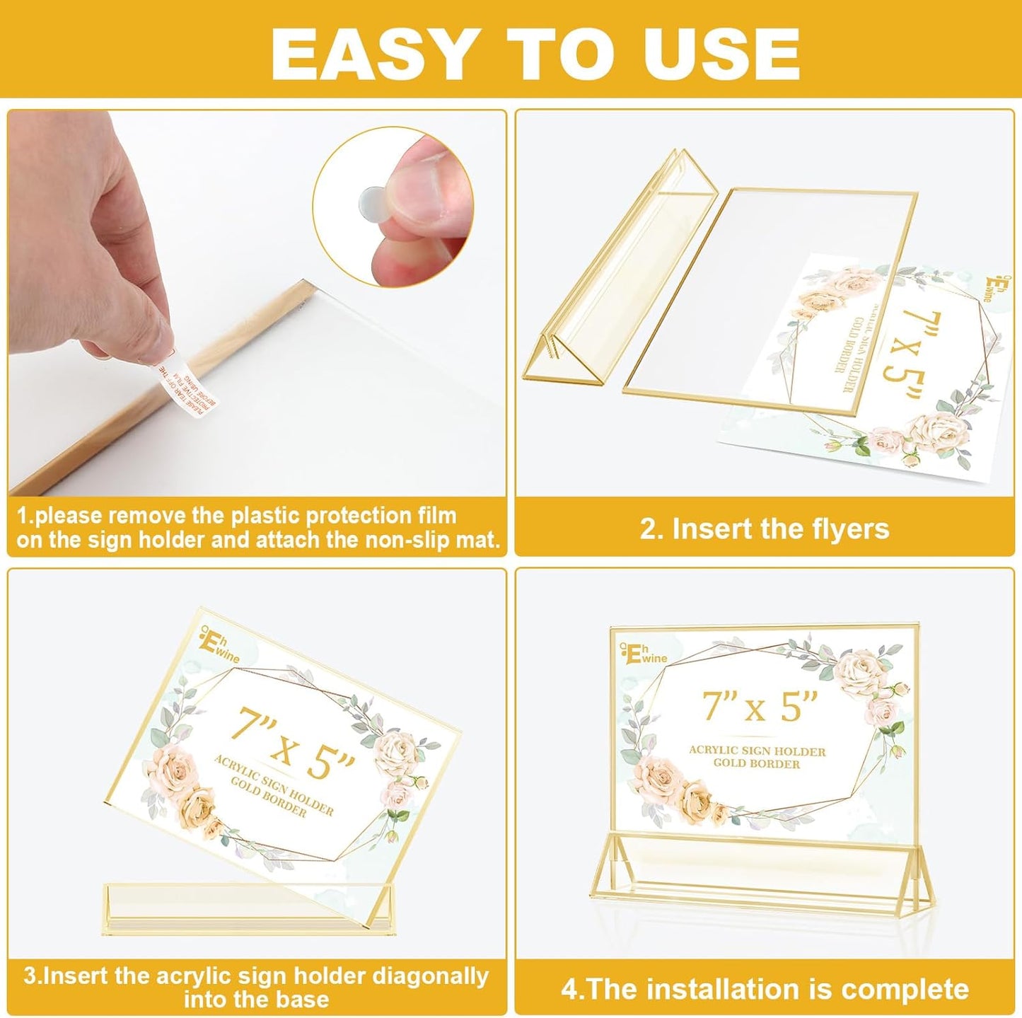 EHWINE 12 Pack Acrylic Sign Holder 5 x 7 Horizontal, Double-Sided Stand up Table Top Sign Holders, Gold Acrylic Picture Frame Menu Flyer Paper Holder Display Stand for Office Business Store Wedding Party