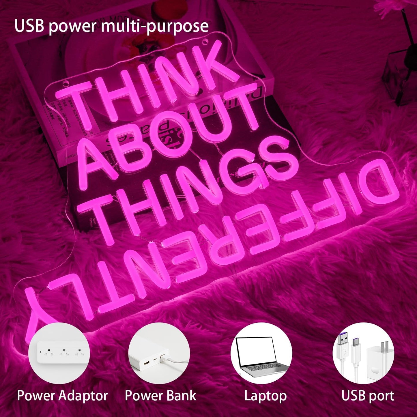 Think About Things Differently Neon Sign, Dimmable Office Neon Light, Pink Letter LED Light Up Sign for Classroom, Bedroom, Office, Study Room, Library Decoration