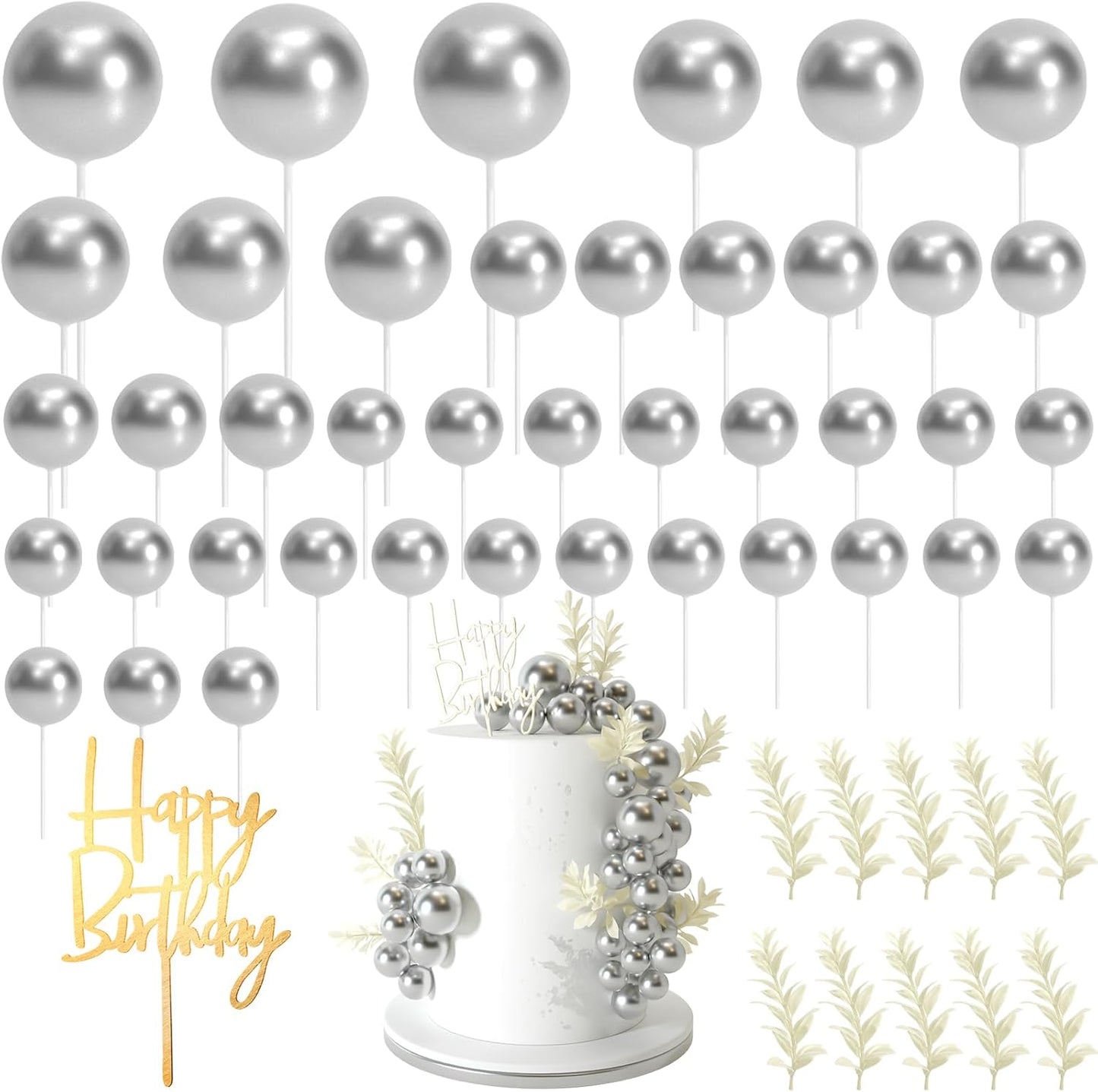 MIAHART Ball Cake Toppers Boho Grass Cake Topper Ball Cake Insert Decoration for Birthday Wedding Baby Shower Party Decorations Boho Themed Party Supplies (Silver)