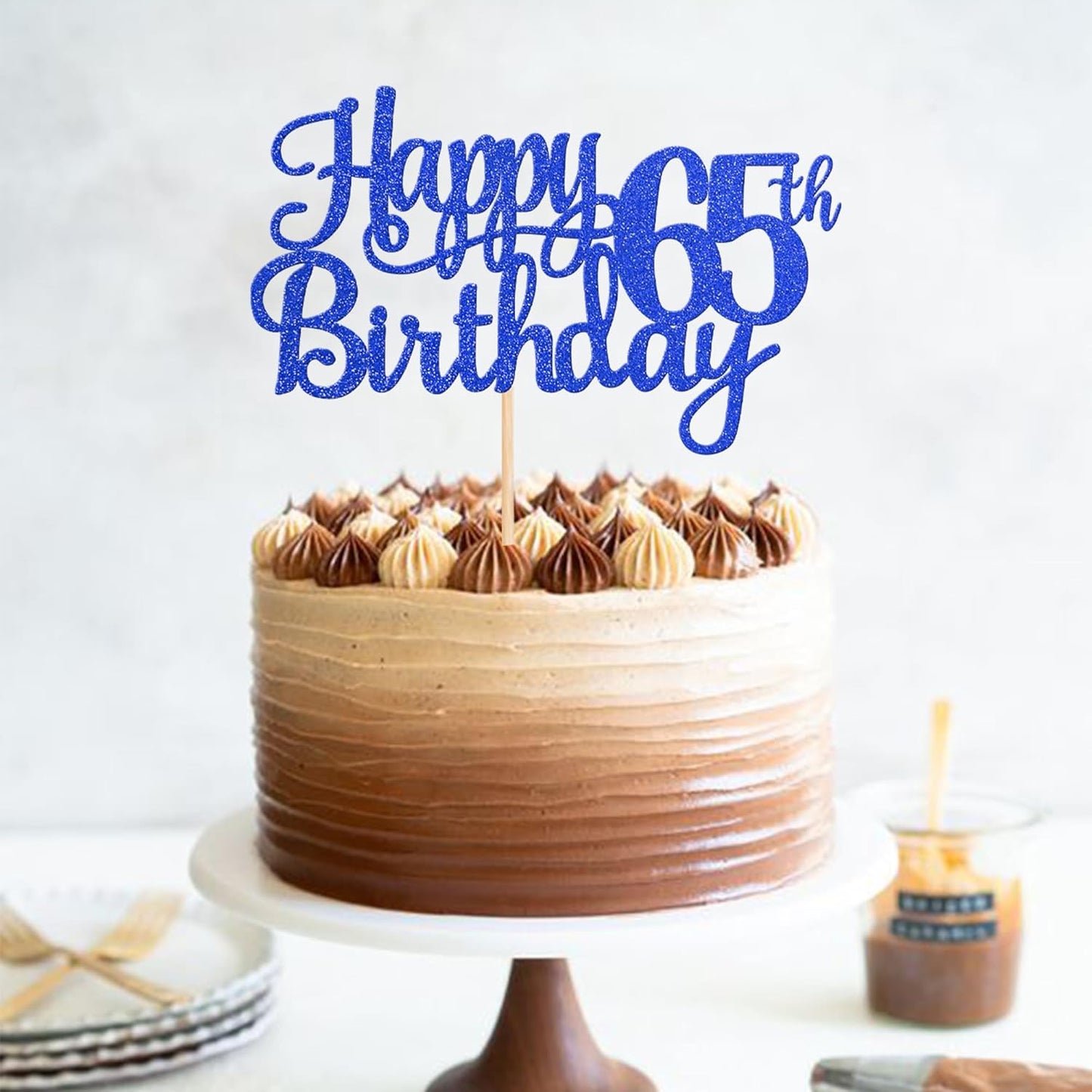 1 PCS Happy 65th Birthday Cake Topper Glitter Cheers to 65 Years Birthday Cake Pick Sixty Five 65 Fabulous Cake Decoration for Happy 65th Birthday Theme Party Decorations Supplies Blue
