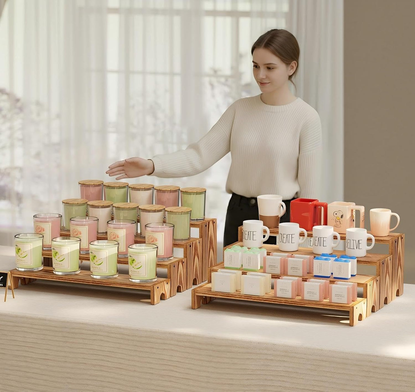 14 Inch Large Wooden Tiered Riser Display Stands, 2 Set Stackable Wooden Cupcake Stand Dessert Table Display Set,Tiered Shelf Organizer,Display Stands Shelf,Vendor Booth Display Items for Vendor Events