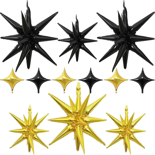 Black Gold Star Balloons 12pcs, 27/22 Inch Foil Star Explosion Balloons, Large Spike Mylar Cone Balloon, Fireworks Shape Balloon Decor for Retirement Anniversary New Year Wedding