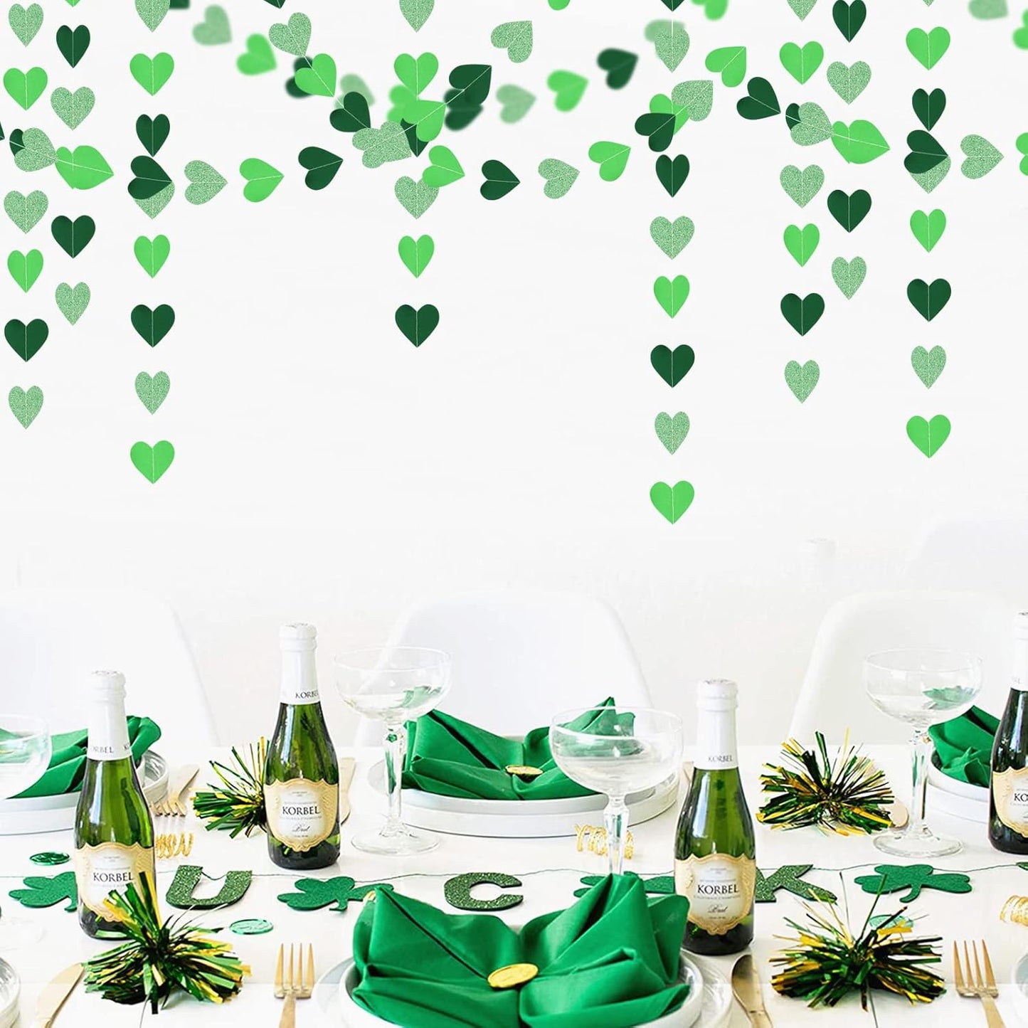 Green Party-Decorations Heart Paper-Garland Streamers-Banner - 52Ft St Patricks Day Decorations, Spring Summer Birthday Wedding Engagement Baby Shower Hanging Decor Ouruola