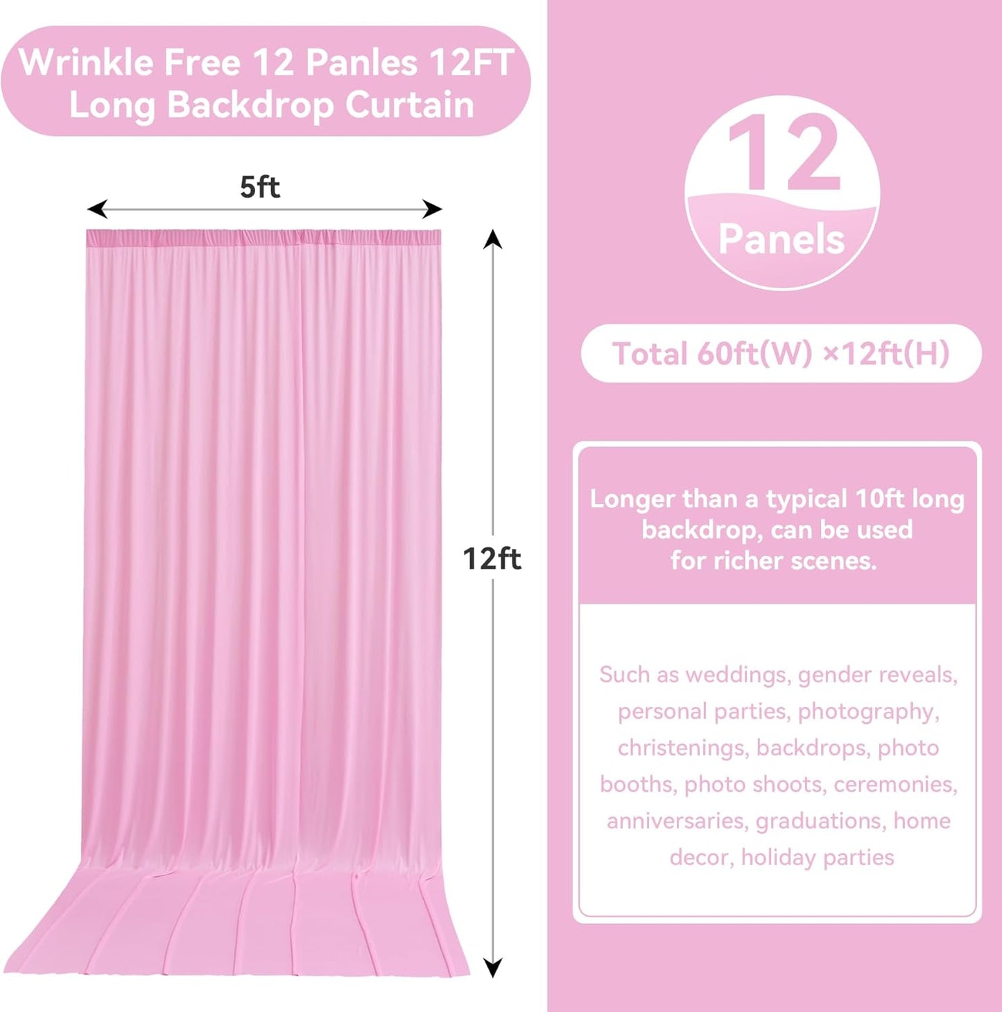 60ftx12ft Wrinkle Free Pink Backdrop Curtain, 12 Panels 12FT Height Pink Wedding Backdrop Drapes, Silky Polyester Back Drop Cloth for Birthday Photography Background Party Backdrop Draping