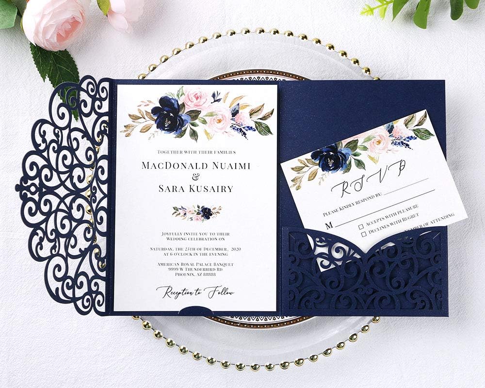 PONATIA 5.12 x 7.2 Laser Cut Invitation Pocket, 20PCS Tri-Fold 5 x 7 Laser Cut Wedding Invitation Pockets with Envelopes for Wedding Bbay Shower Birthday Sweet 16 Invite (Navy Blue, No Inner Sheet)