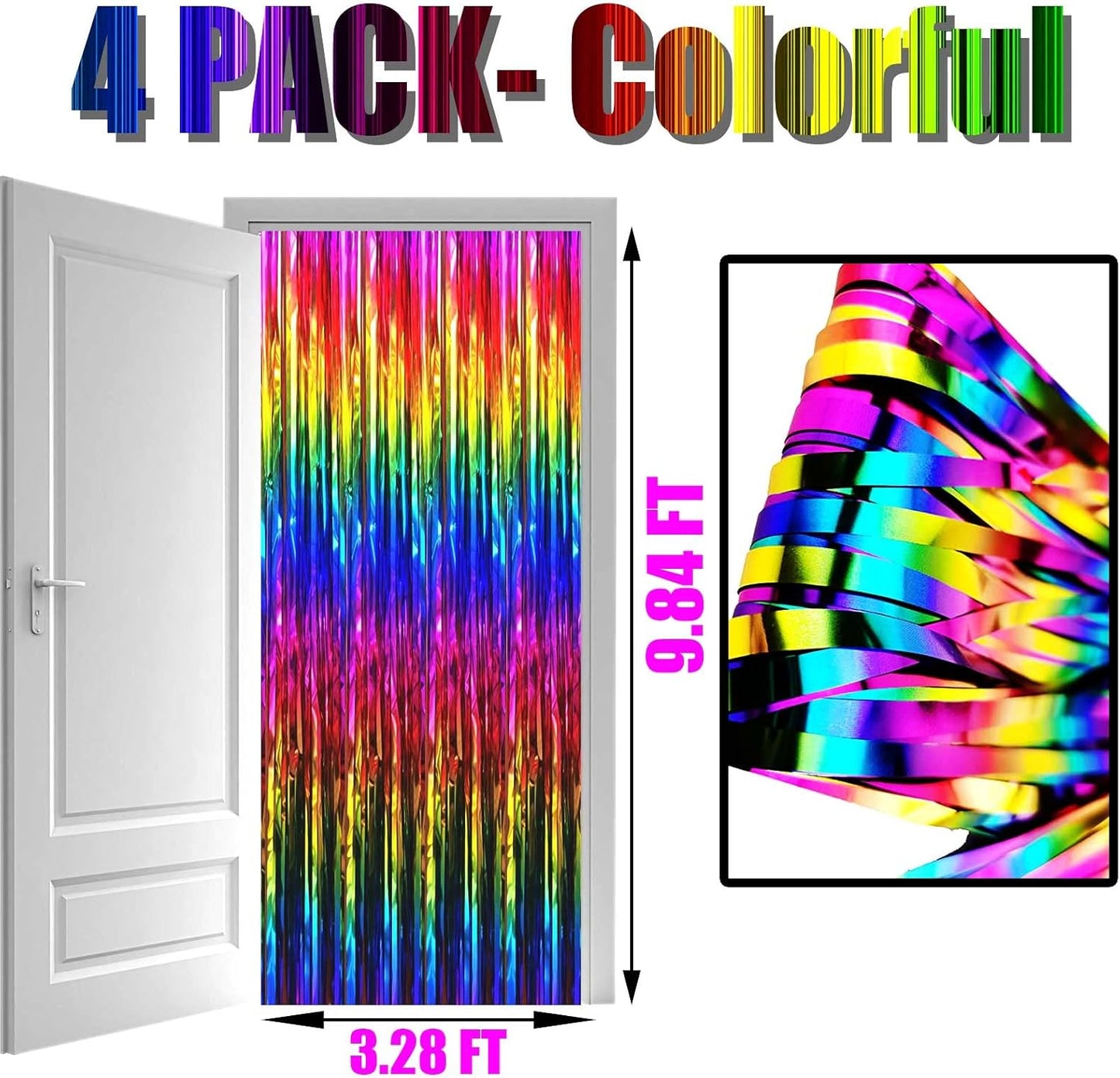 4 Pack Rrainbow Foil Fringe Curtain Backdrop, 3.28Ft x 9.84Ft Colorful Metallic Tinsel Streamers Curtains for Party, Photo Booth Props, Birthday, 2022 Graduation Supplies, One Size