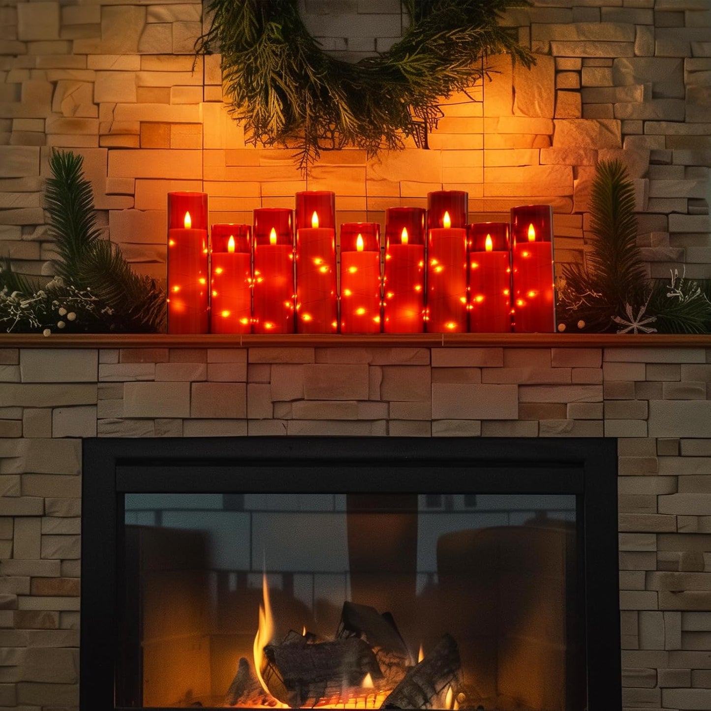Homemory Red Flameless Candles with Embedded Star String Fairy Lights, Battery Operated Candles with Remote Control and Timer, Flickering LED Candle for Christmas Decor, Set of 9, D2.2 x H5 6" 7"