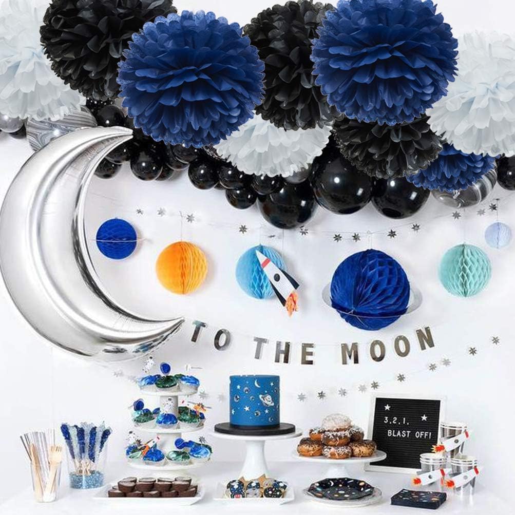 Paper Flower Tissue Pom Poms Graduation and Galaxy Party Favor Flowers (Black,Navy Blue,White,12pc)