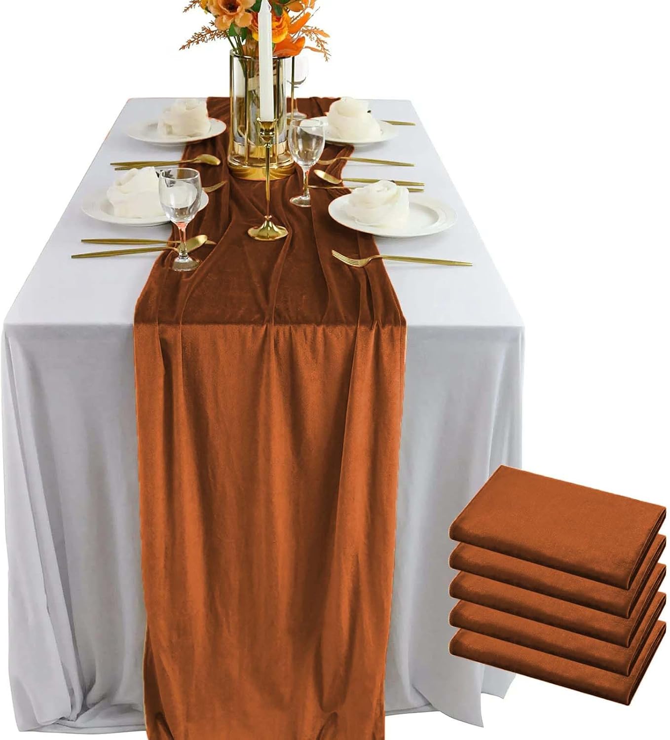 Luxurious Velvet Table Runner, 10ft Wedding Reception Decorations, 20x120inch Soft Velvet Fabric, Table Linen Overlay, Wedding Table Runners (Terracotta, 20X120inch, 5pack)
