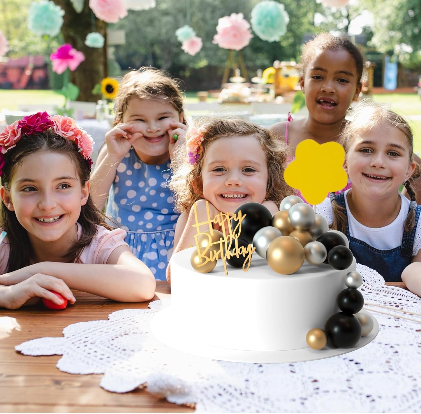 MIAHART Ball Cake Toppers Boho Grass Cake Topper Ball Cake Insert Decoration for Birthday Wedding Baby Shower Party Decorations Boho Themed Party Supplies (black，gold，sliver)