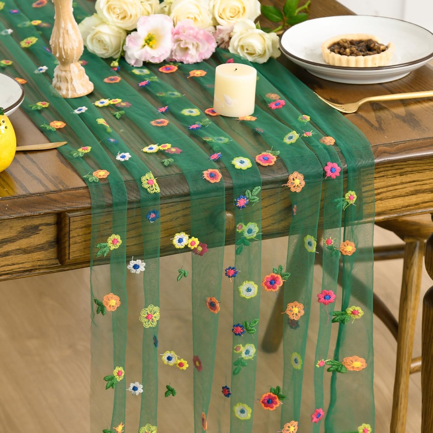 Artoid Mode 3PCS Dark Green Embroidery Daisy Gauze Table Runner 120 Inch 10FT, Seasonal Sheer Dining Holiday Wedding Birthday Table Decor for Home Party