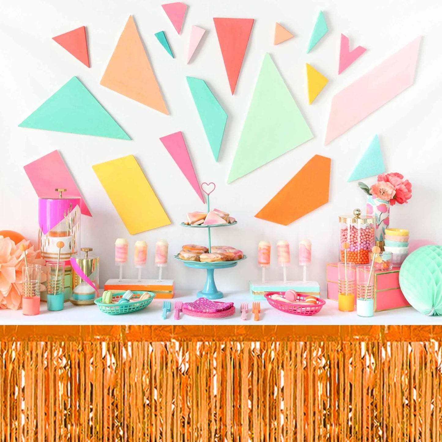 3 Pack Orange Foil Fringe Table Skirts Metallic Tinsel Streamers Garland Banner Backdrop for Table Decor, Parade Float, Birthday, Wedding, Halloween, Christmas Party Decorations(29x108 In)
