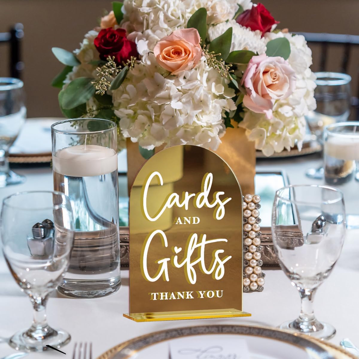 Acrylic Wedding Sign, Bridal Shower Decorations, Cards and Gifts Sign for Ceremony, Modern Font Table Signs, Gold Mirror Arched Acrylic Tabletop Signs for Wedding Reception and Event Party